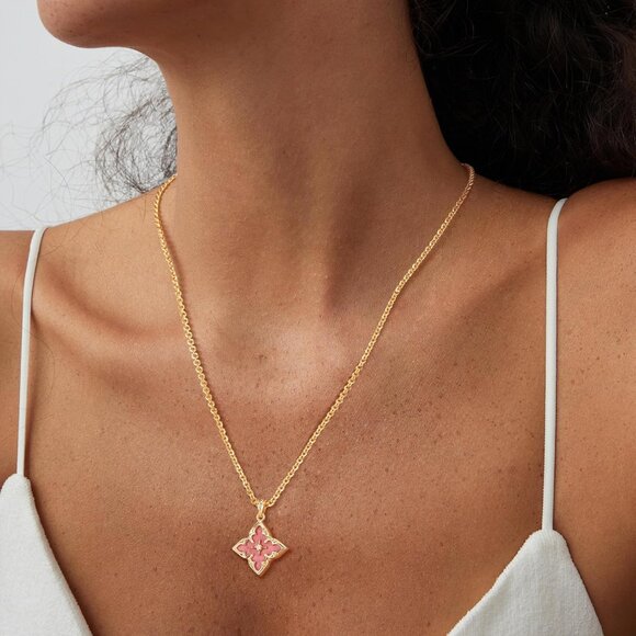 Gold Clover Necklace Women Dainty 14K Gold Pink Rhodnit Pendant Adjustable Chain - Picture 2 of 6
